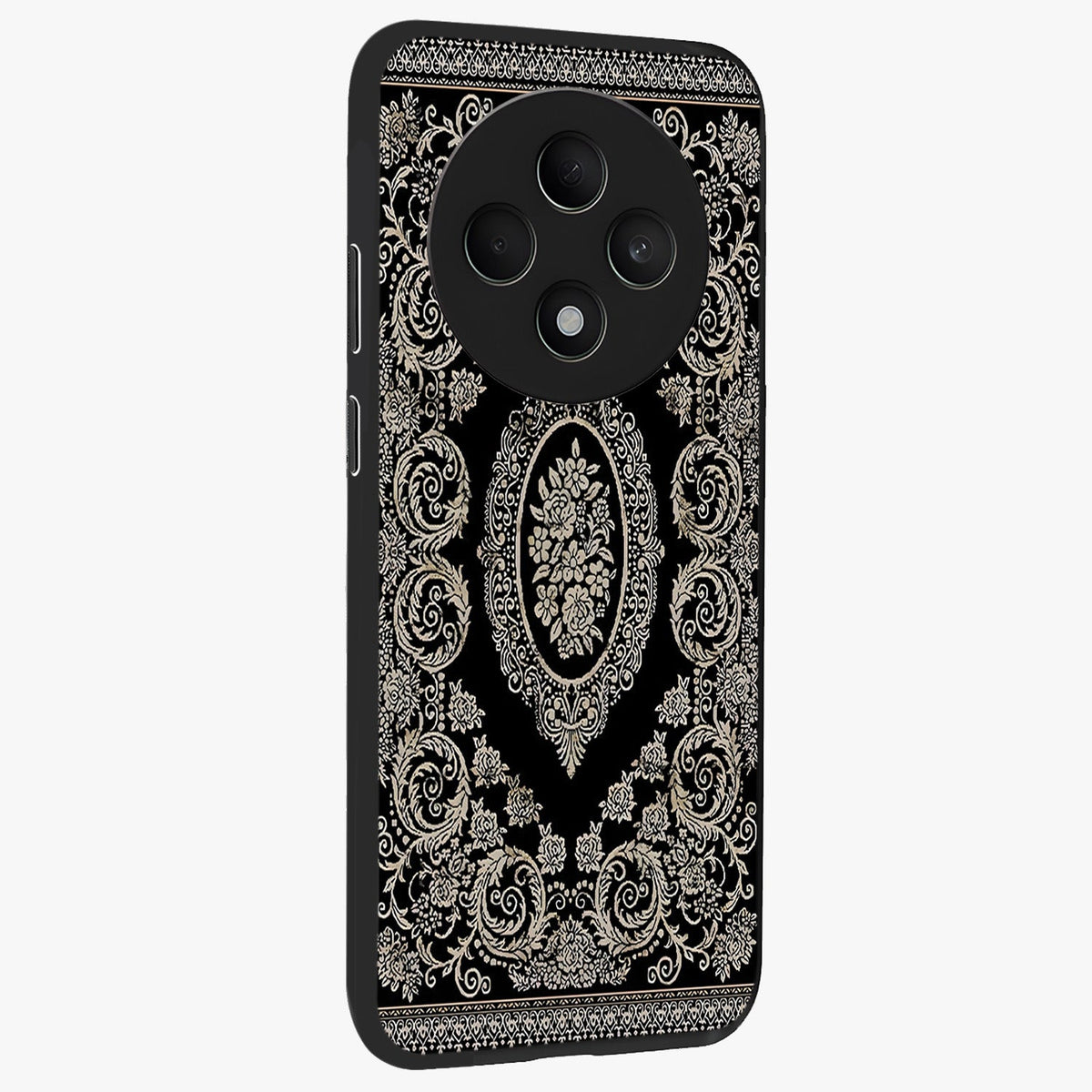 Noir Bloom Elegance Glass Case upright view showcasing graceful floral artwork with luxurious dark theme.