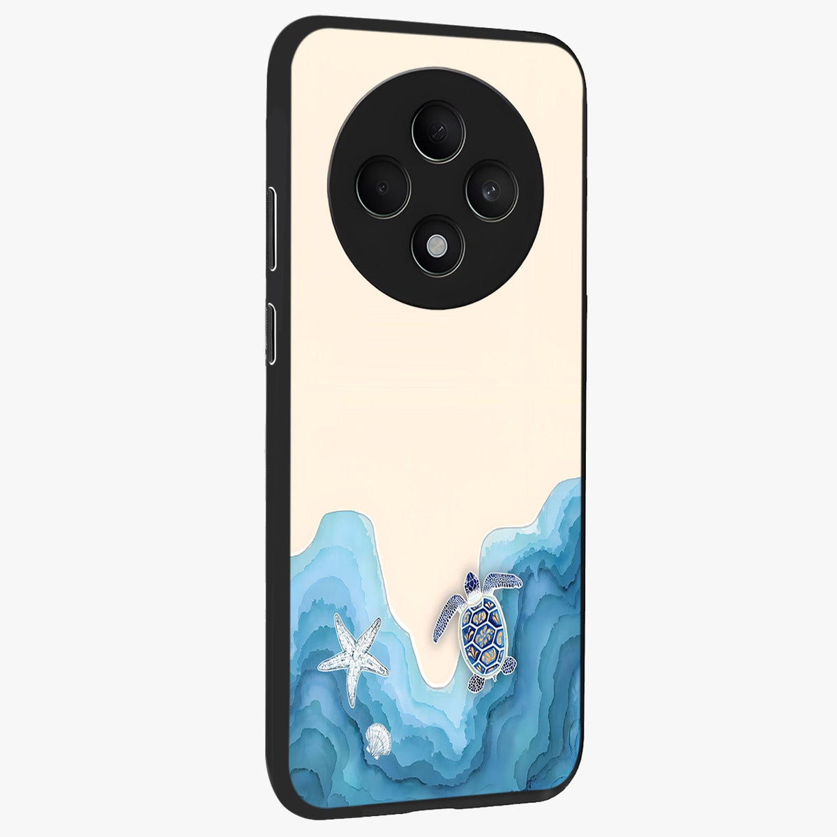 Ocean Drift Turtle Glass Case upright view showcasing calm underwater turtle artwork with nature inspired theme.
