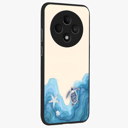 Ocean Drift Turtle Glass Case upright view showcasing calm underwater turtle artwork with nature inspired theme.