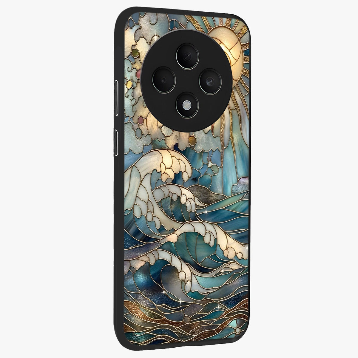 Oceanic Stained Printed Glass Case upright view showcasing decorative ocean pattern artwork with vibrant marine theme.