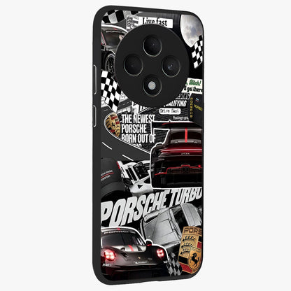 Porsche Racing Collage Glass Case upright view showcasing energetic car collage artwork with high speed racing theme.