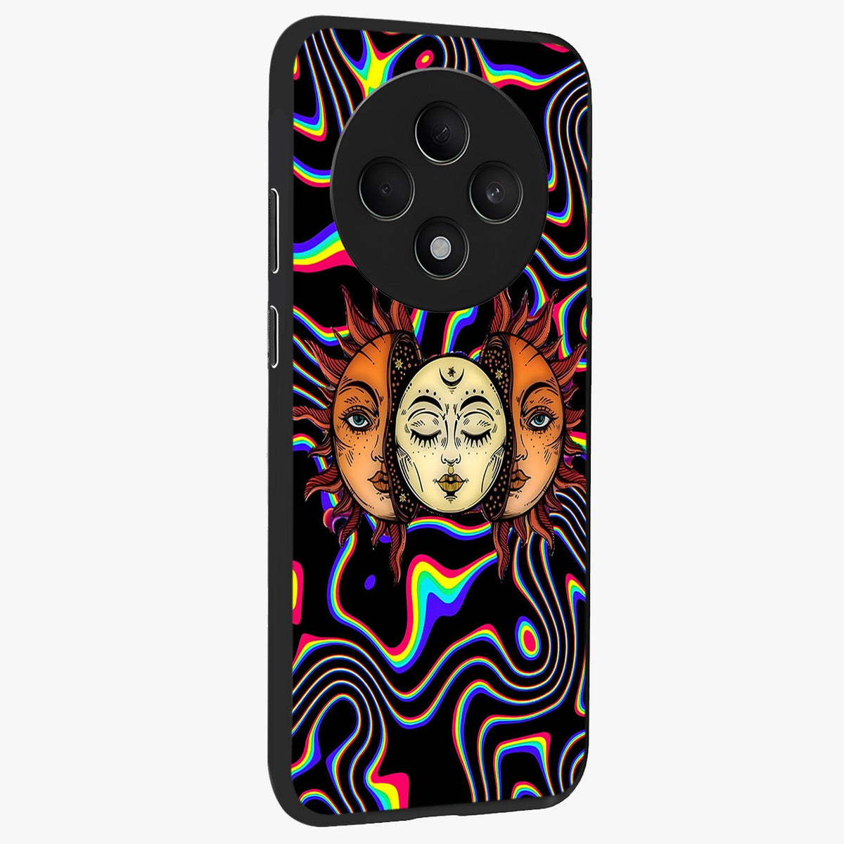 Psychedelic Sun Glass Case upright view showcasing trippy sun artwork with bold psychedelic theme.