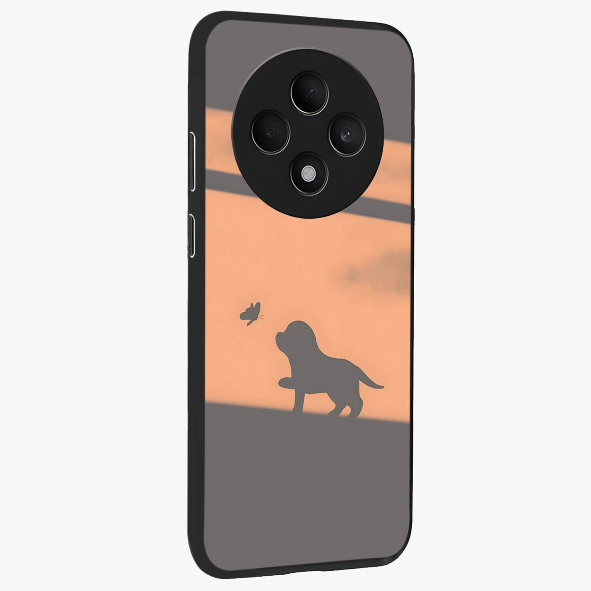 Puppy Shadow Art Glass Case upright view showcasing charming puppy artwork with creative silhouette theme.