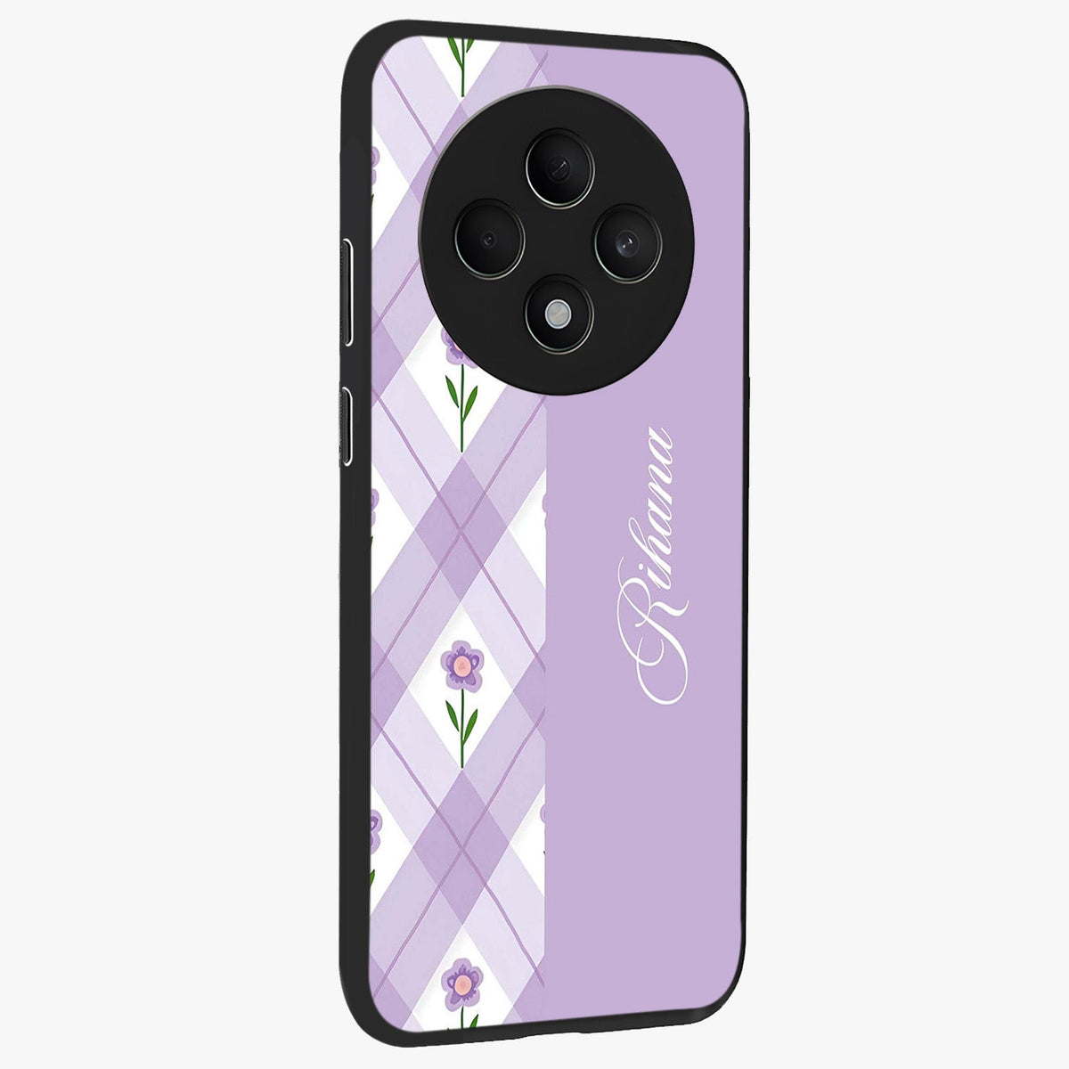 Purple Diamond Floral Glass Case upright view showcasing vibrant floral artwork with stylish geometric theme.