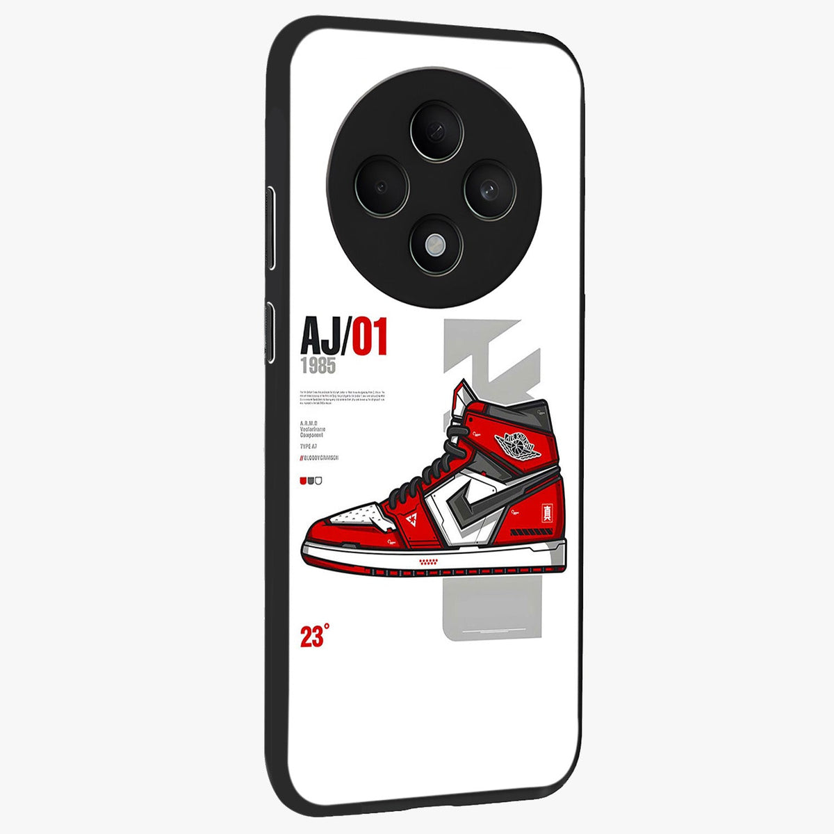 Retro Sneaker Blueprint Glass Case upright view showcasing stylish sneaker illustration with vintage streetwear theme.