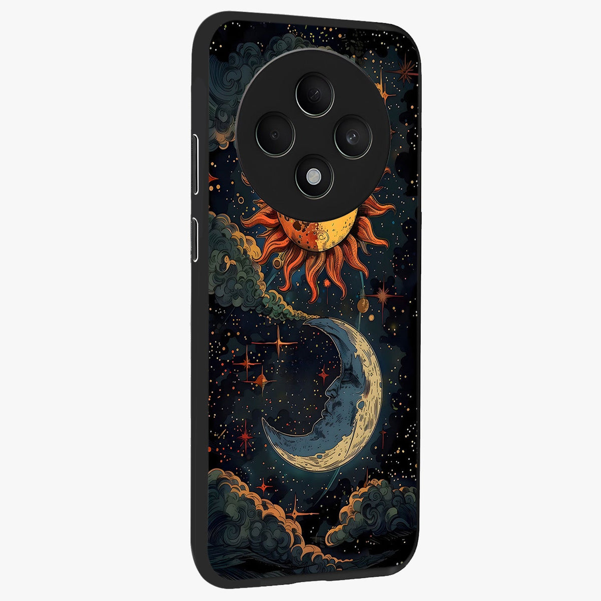 Sun And Moon Magic Design Glass Case upright view showcasing decorative sun and moon artwork with spiritual celestial theme.