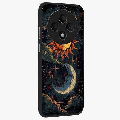 Sun And Moon Magic Design Glass Case upright view showcasing decorative sun and moon artwork with spiritual celestial theme.
