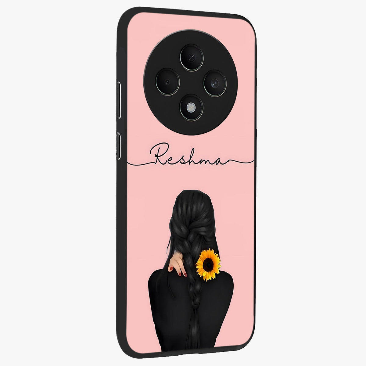 Sunflower Braid Beauty With Custom Name Glass Case upright view showcasing bright sunflower artwork with personalized floral aesthetic.