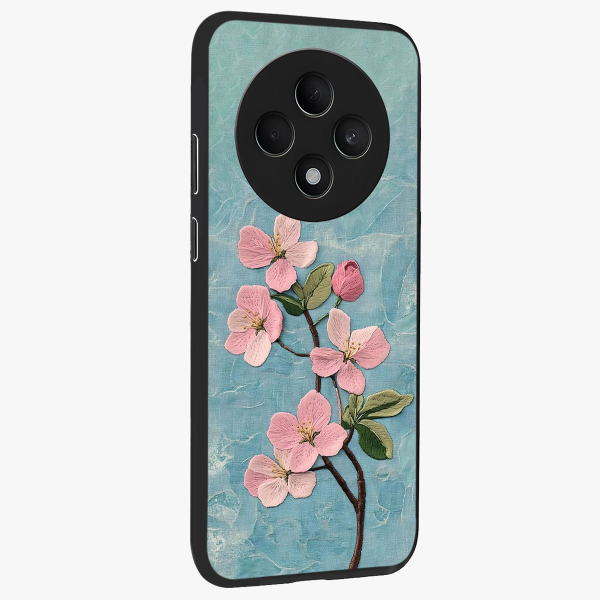 Threaded Blossom Breeze Glass Case upright view showcasing graceful flower artwork with calm botanical theme.