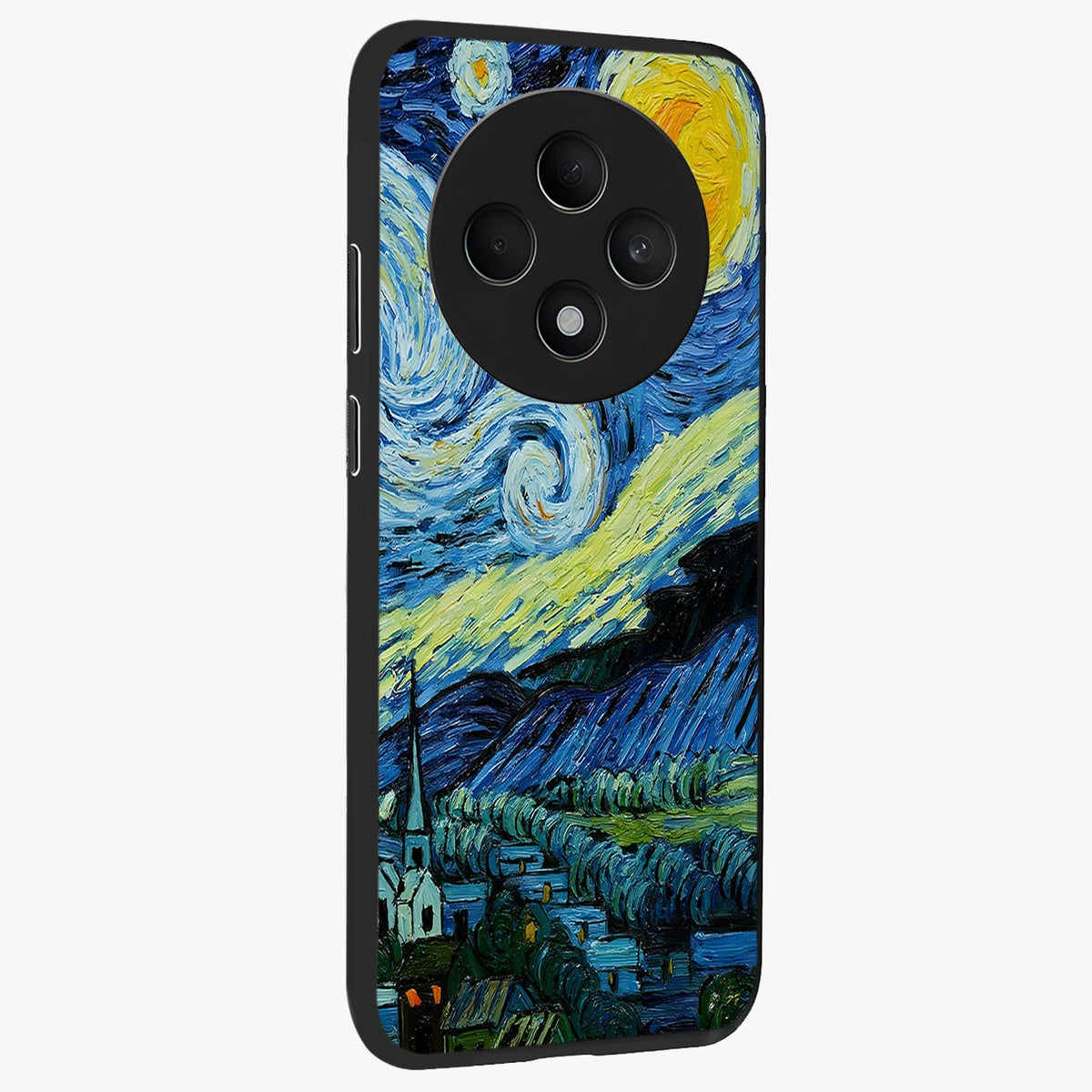 Van Gogh Art Glass Case upright view showcasing expressive painting style artwork with timeless artistic theme.
