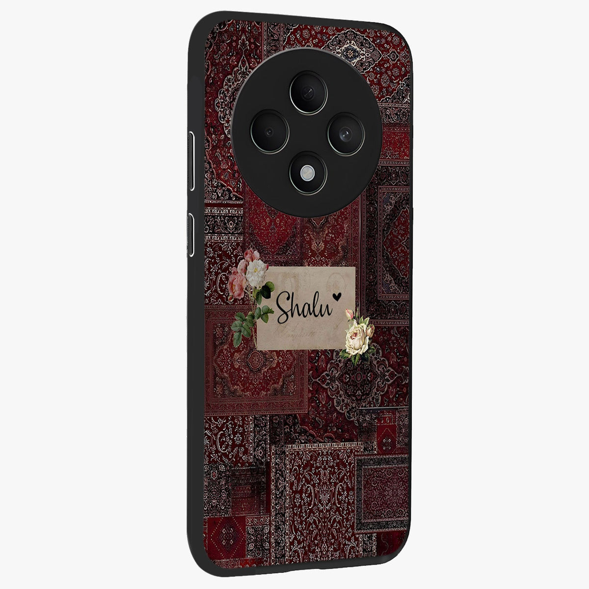 Velvet Wine Pattern Custom Name Glass Case upright view showcasing luxurious wine toned artwork with personalized aesthetic.