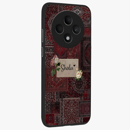 Velvet Wine Pattern Custom Name Glass Case upright view showcasing luxurious wine toned artwork with personalized aesthetic.