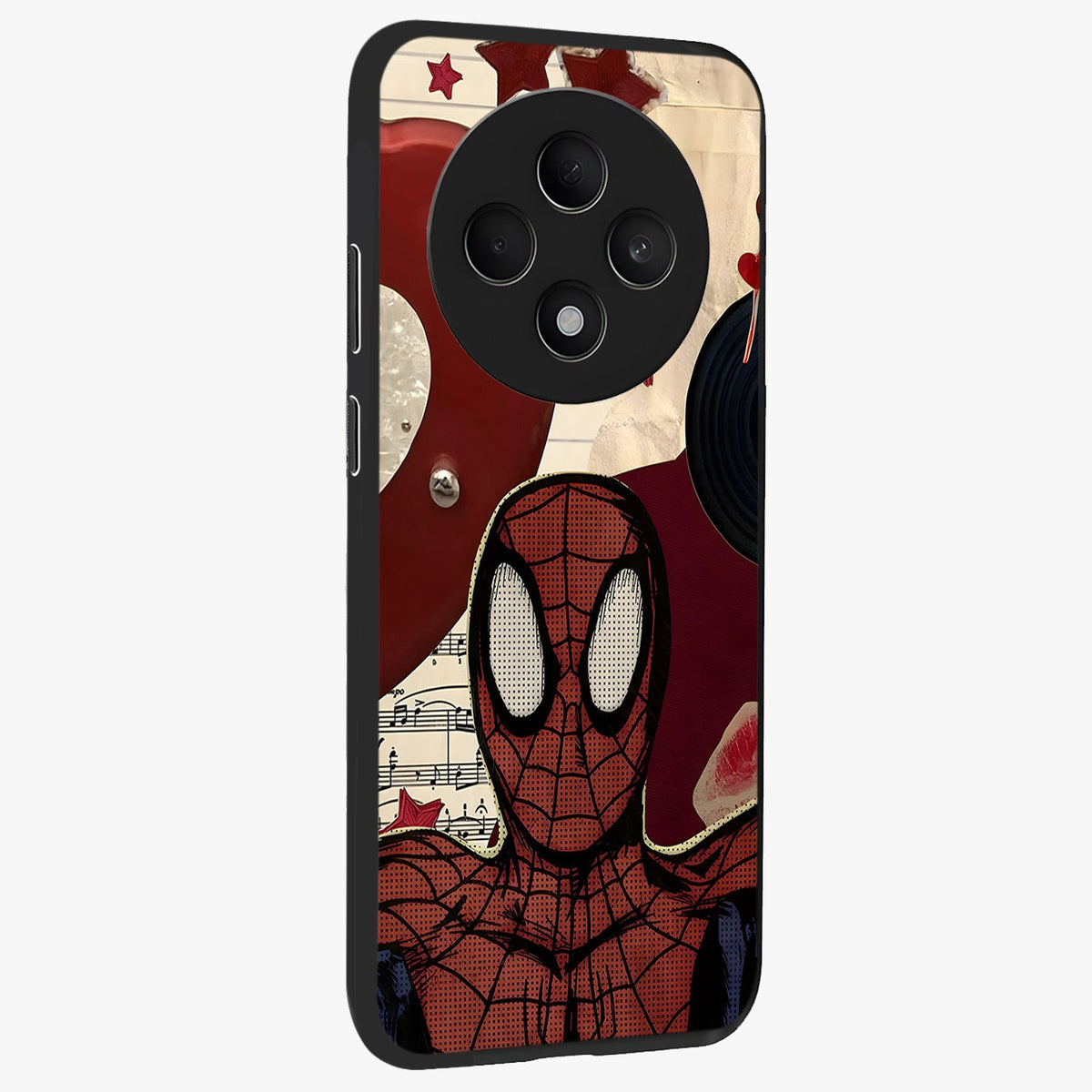 Web Warrior Vibes Glass Case upright view showcasing energetic superhero artwork with bold action theme.
