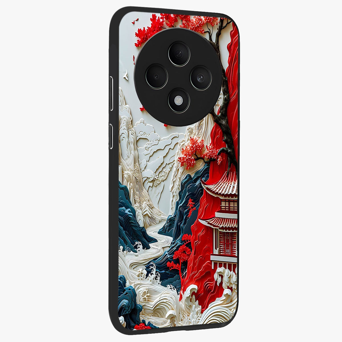 Whispers Of Sakura Waves Glass Case upright view showcasing delicate cherry blossom artwork with elegant nature theme.