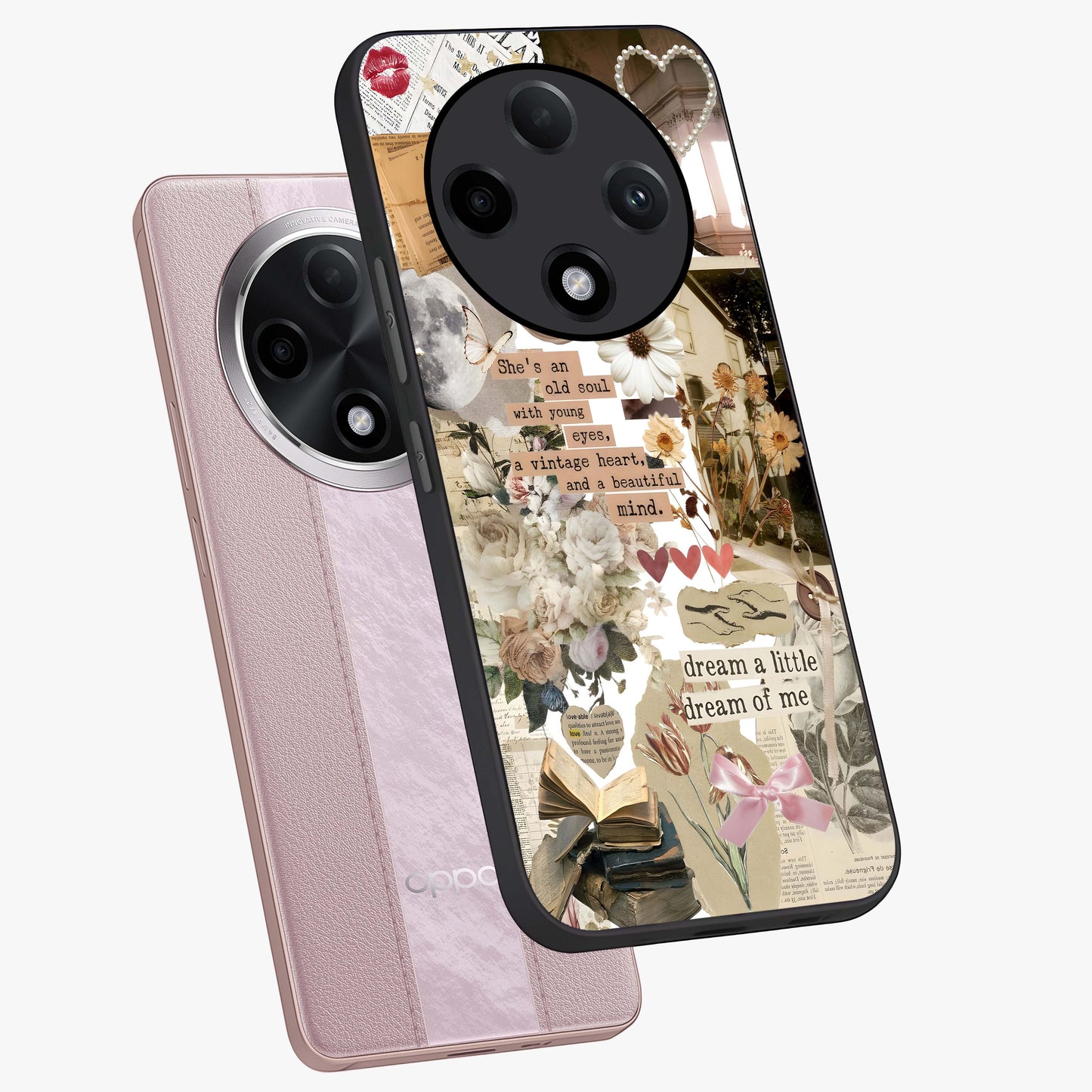 Aesthetic Brown Vintage Collage Glass Case displayed in angled mockup highlighting vintage aesthetic collage design.