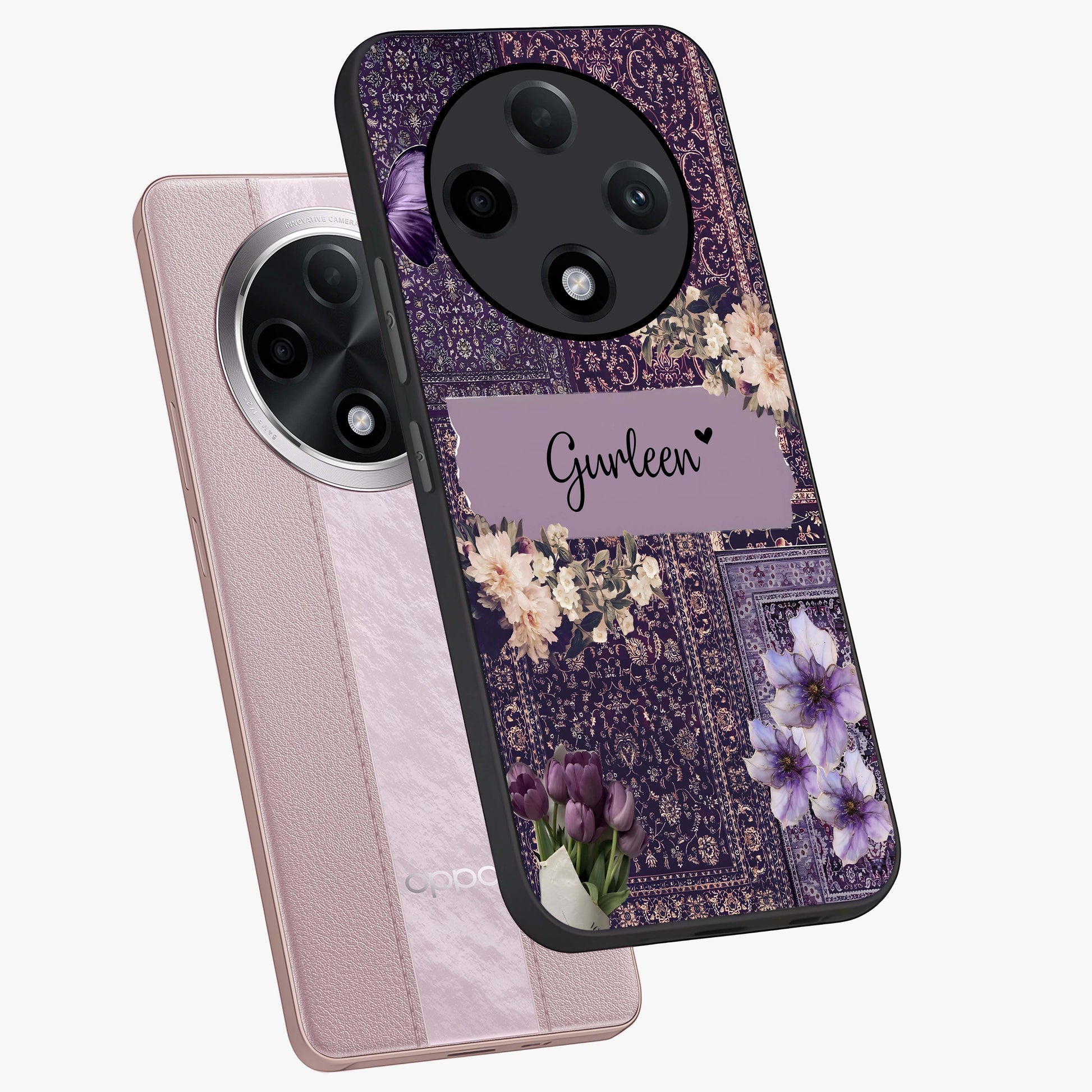 Antique Floral Whisper Custom Name Glass Case displayed in angled mockup highlighting elegant antique floral aesthetic.