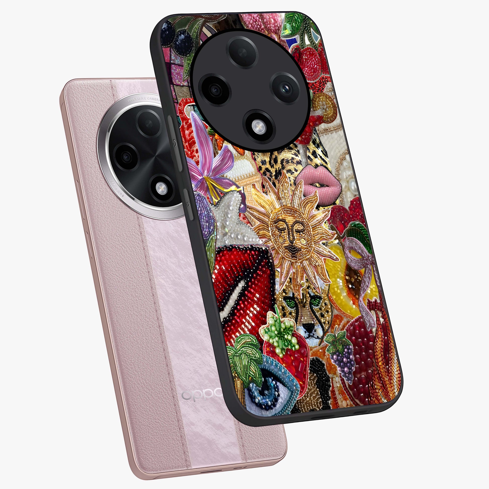 Beaded Fashion Jungle Glass Case displayed in angled mockup highlighting colorful fashion bead design and artistic pattern.