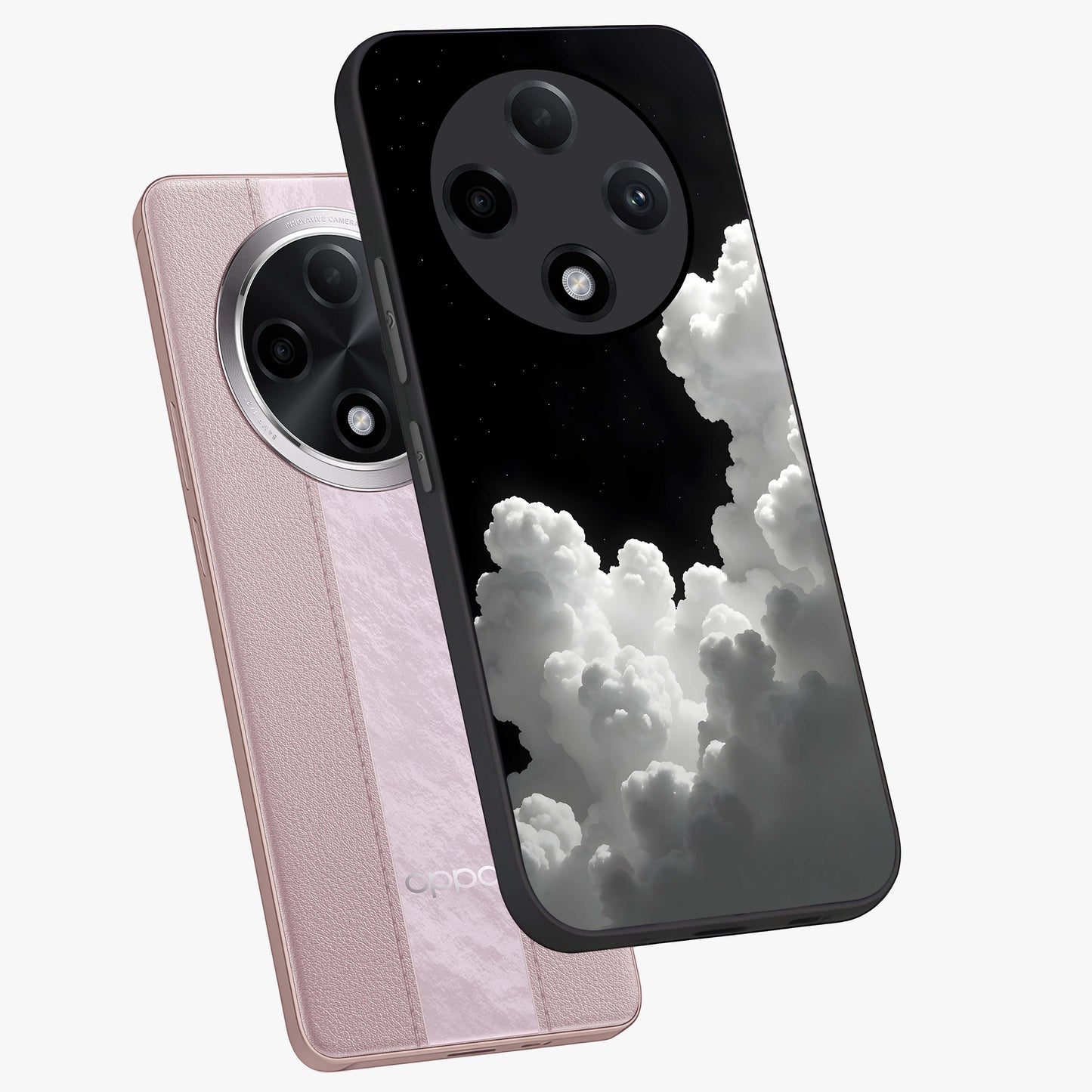 Black Background With White Cloud Glass Case displayed in angled mockup highlighting soft white cloud illustration and minimal design.
