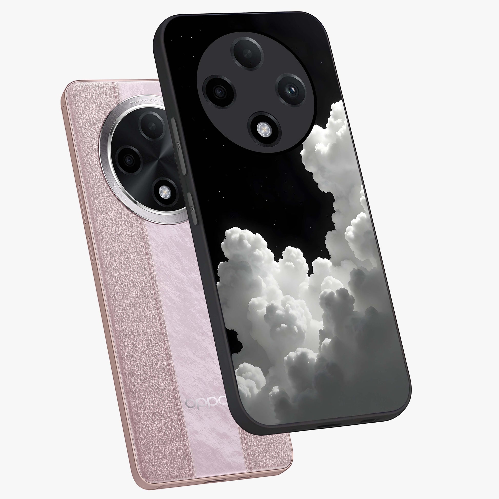 Black Background With White Cloud Glass Case displayed in angled mockup highlighting soft white cloud illustration and minimal design.