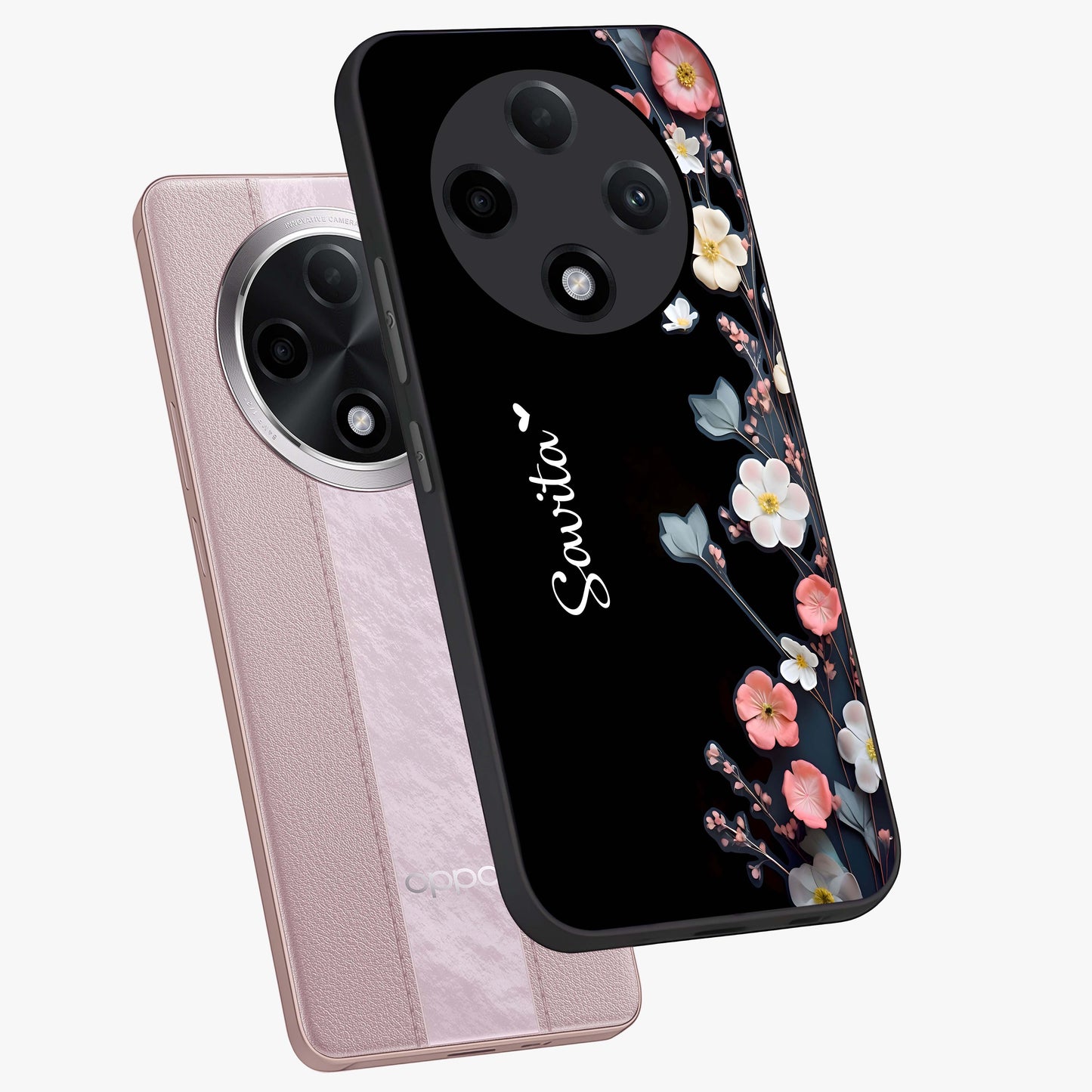 Black Elegance Floral Custom Name Glass Case displayed in angled mockup highlighting dark floral aesthetic and custom name feature.
