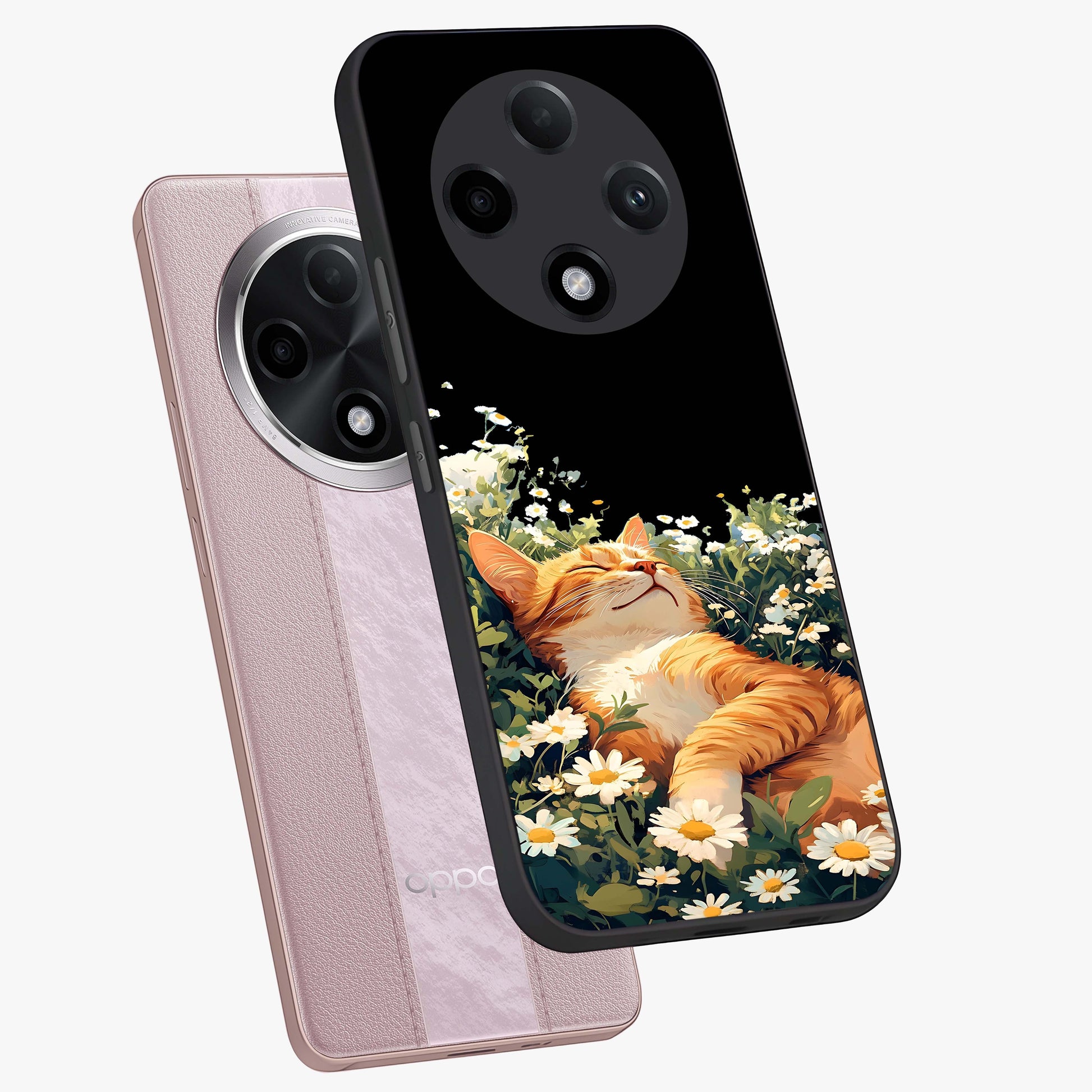 Blissful Bloom Cat Glass Case displayed in angled mockup highlighting playful feline illustration with soft floral aesthetic.