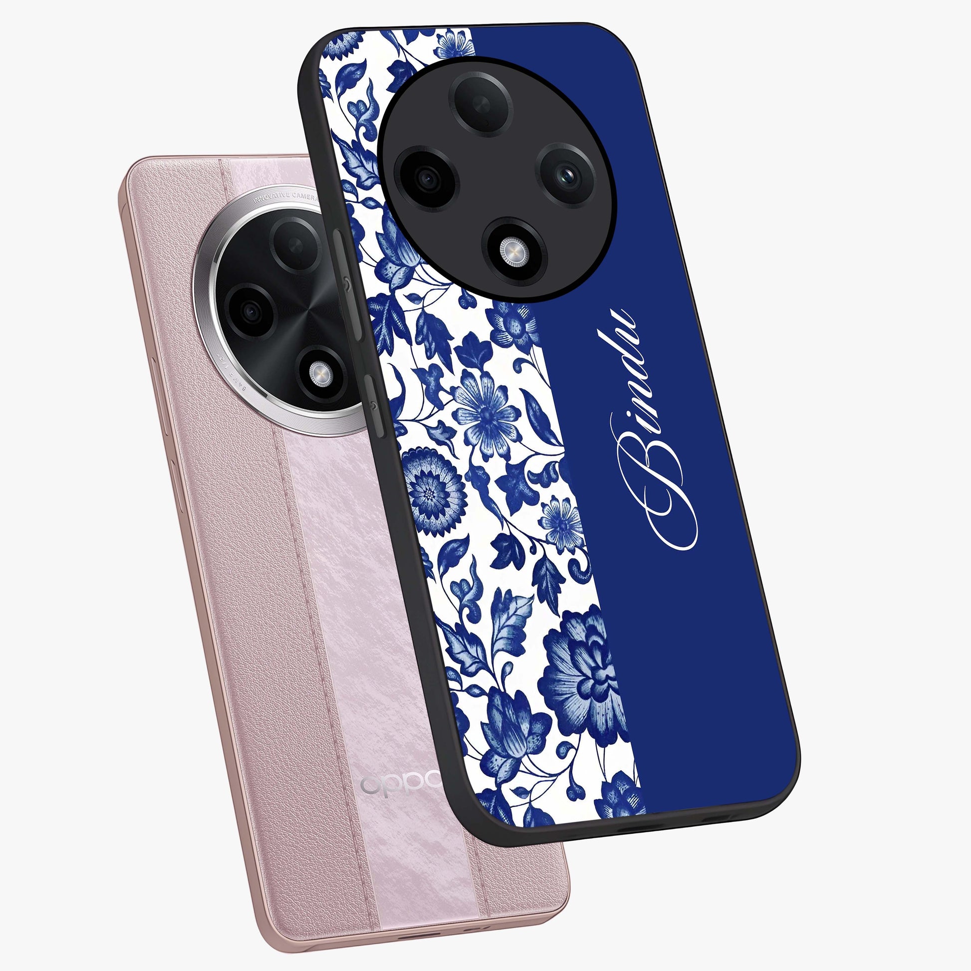 Blue Vintage Floral Pattern Glass Case displayed in angled mockup highlighting subtle bloom pattern with aesthetic pastel design.