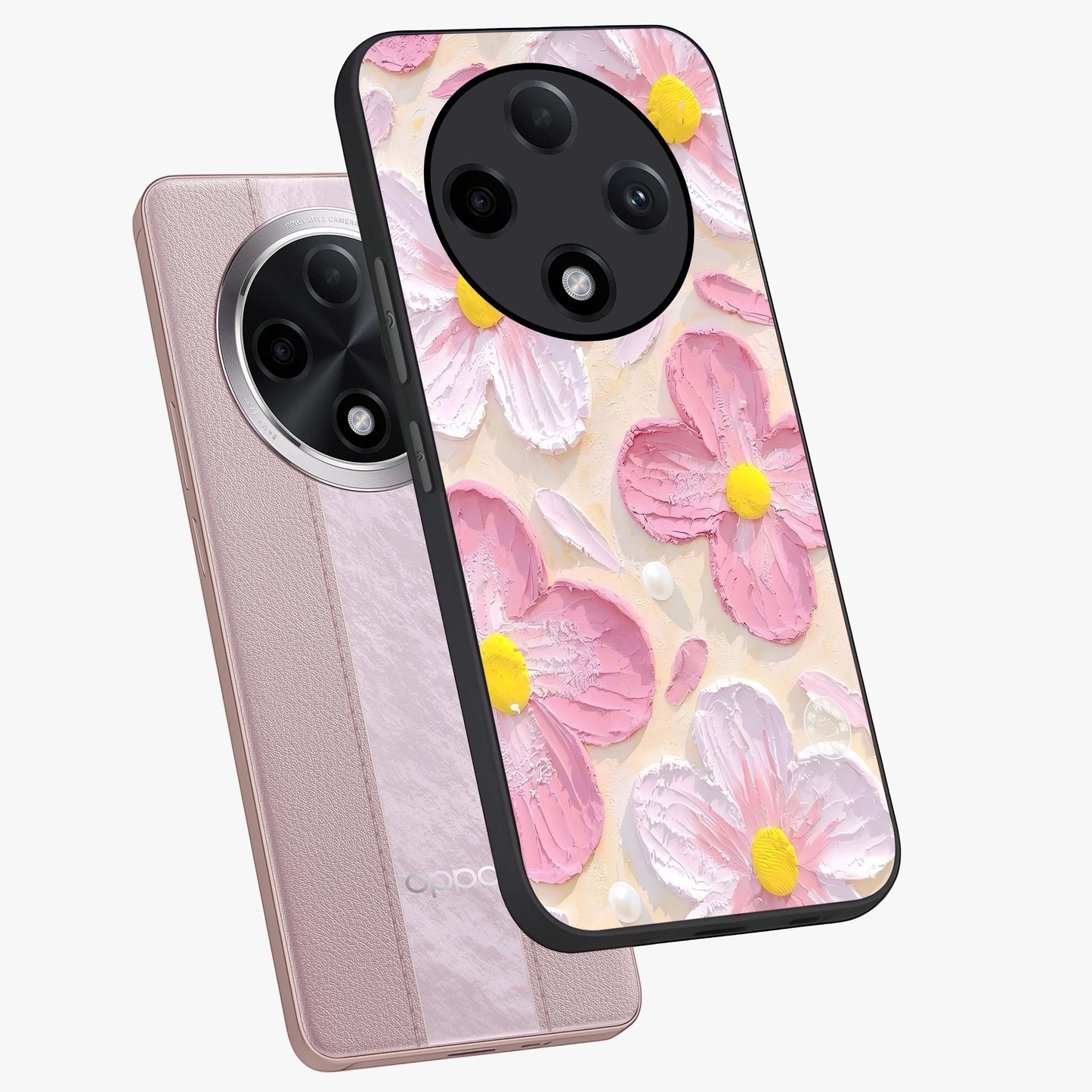 Blush Bloom Texture Glass Case displayed in angled mockup highlighting subtle bloom pattern with aesthetic pastel design.