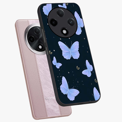 Butterfly With Stars Pattern Glass Case displayed in angled mockup highlighting dreamy butterfly and star design with aesthetic theme.