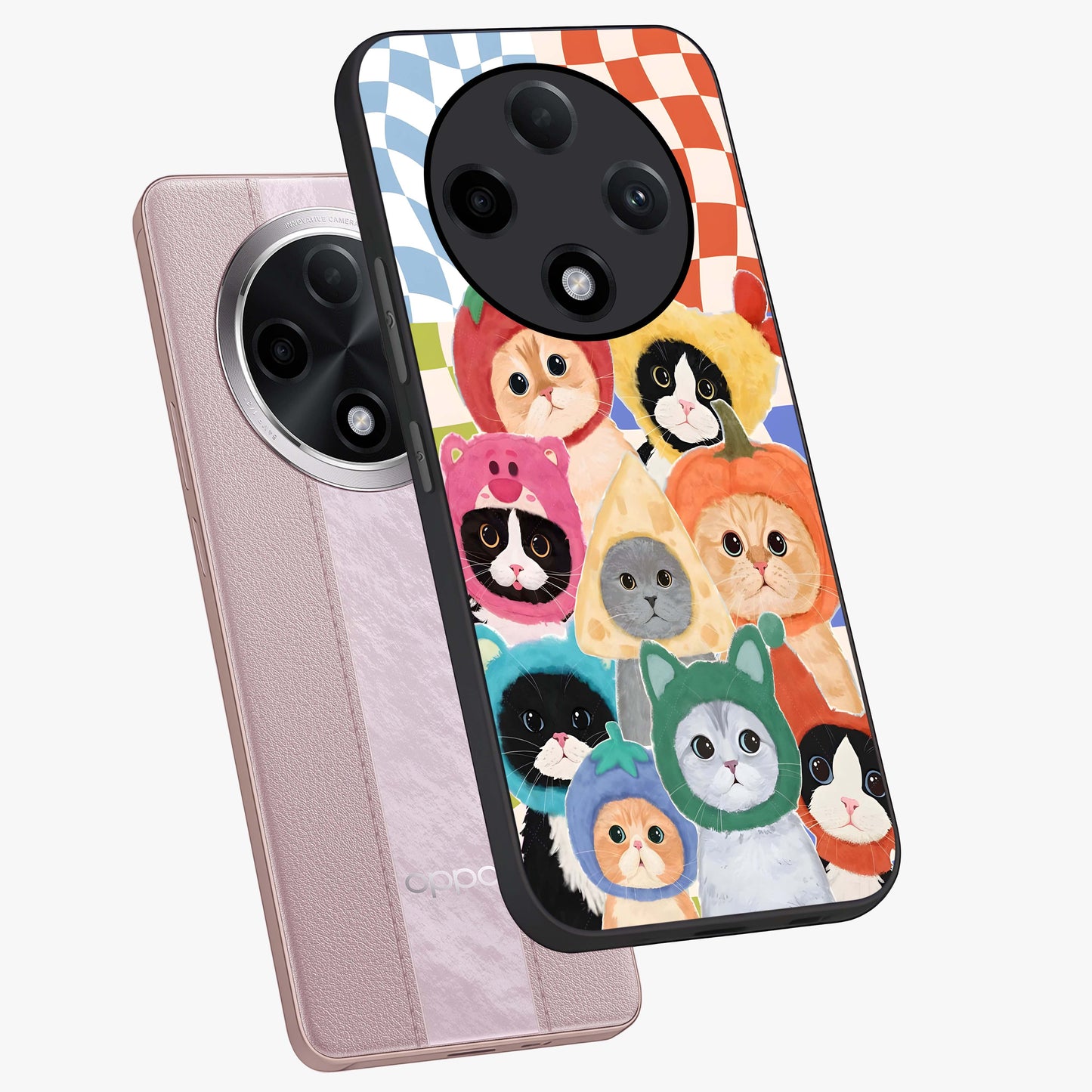 Cats in Fruits Glass Case displayed in angled mockup highlighting cute feline fruit design with colorful aesthetic style.