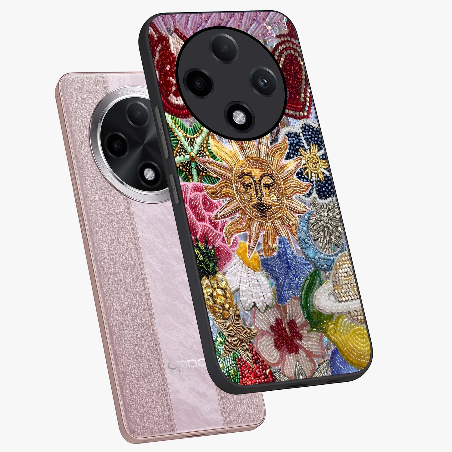 Celestial Floral and Playful Glass Case displayed in angled mockup highlighting playful floral design with dreamy celestial elements.