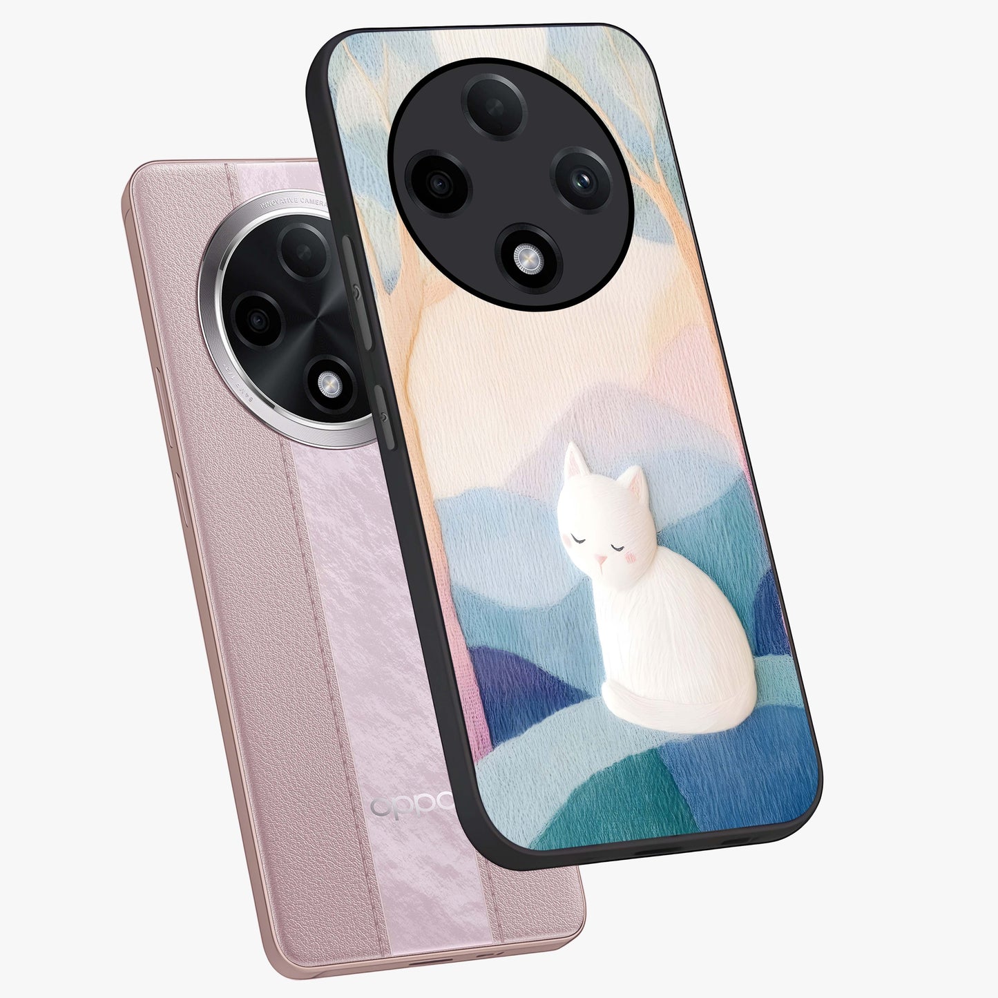 Cotton Dream Cat Glass Case displayed in angled mockup highlighting cute feline illustration with pastel aesthetic style.