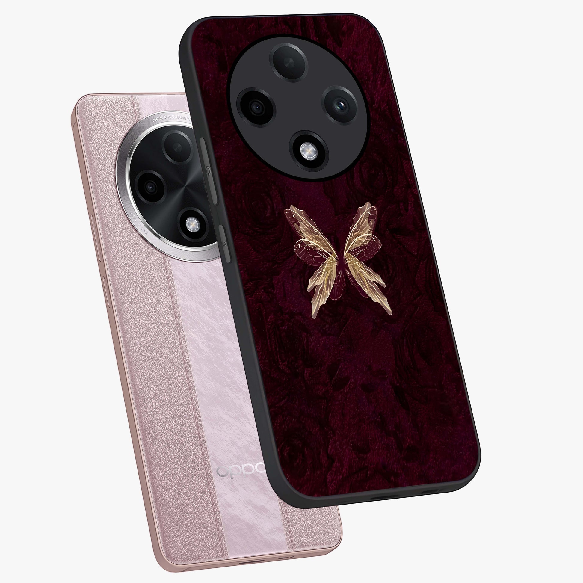 Crimson Fade Butterfly Glass Case displayed in angled mockup highlighting elegant butterfly design with crimson gradient aesthetic.