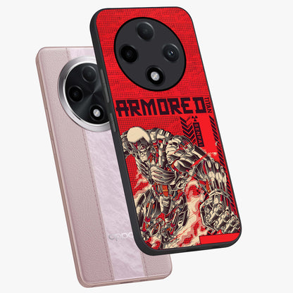 Crimson Mecha Titan Glass Case displayed in angled mockup highlighting futuristic mech illustration with bold crimson aesthetic.