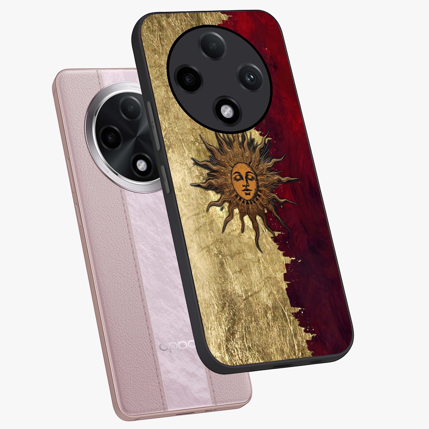 Crimson Sun Majesty Glass Case displayed in angled mockup highlighting majestic crimson sun design with bold aesthetic style.