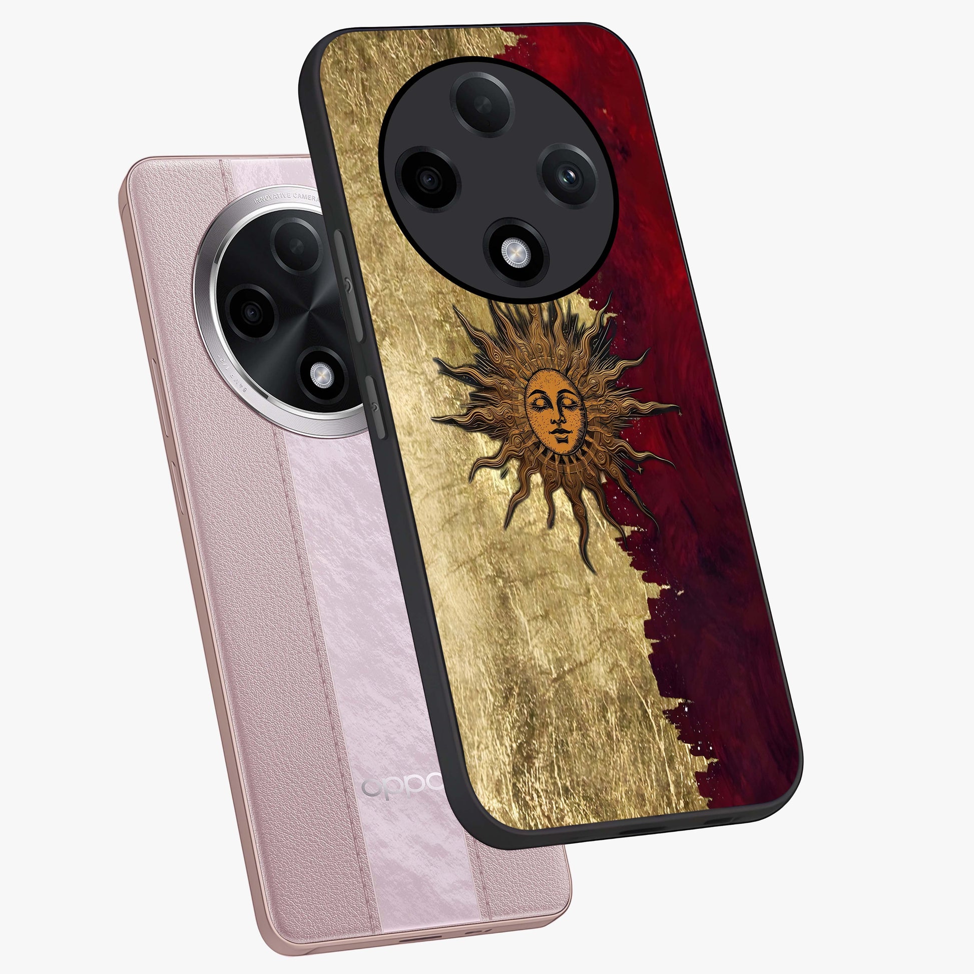Crimson Sun Majesty Glass Case displayed in angled mockup highlighting majestic crimson sun design with bold aesthetic style.