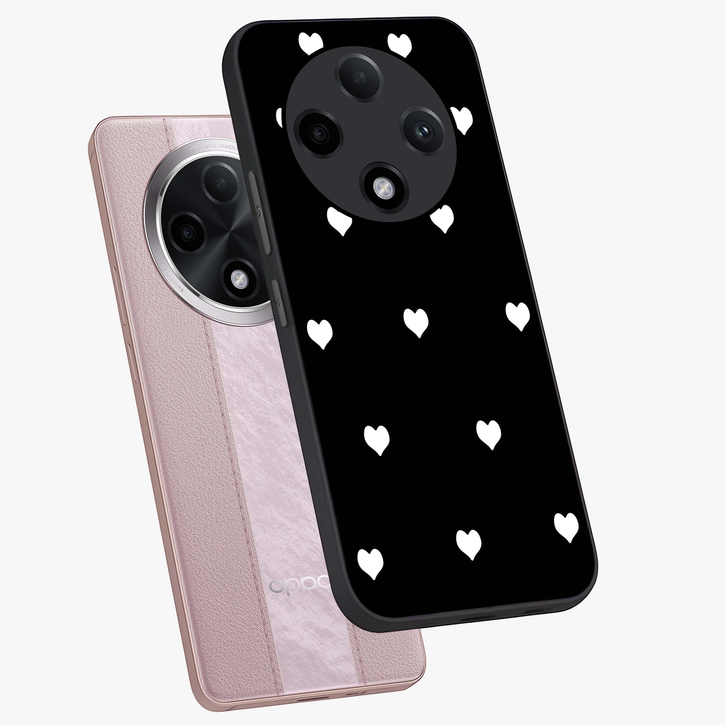 Cute And Simple White Hearts Glass Case displayed in angled mockup highlighting cute heart design with clean aesthetic style.