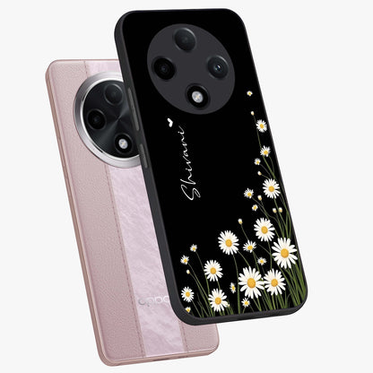 Daisy Cascade Custom Name Glass Case displayed in angled mockup highlighting delicate daisy artwork with custom name feature.