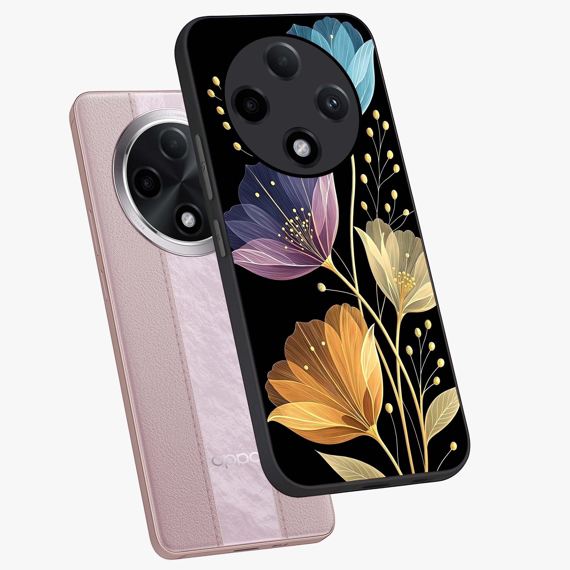 Delicate Multicolor Flowers Glass Case displayed in angled mockup highlighting colorful flower pattern with soft aesthetic style.