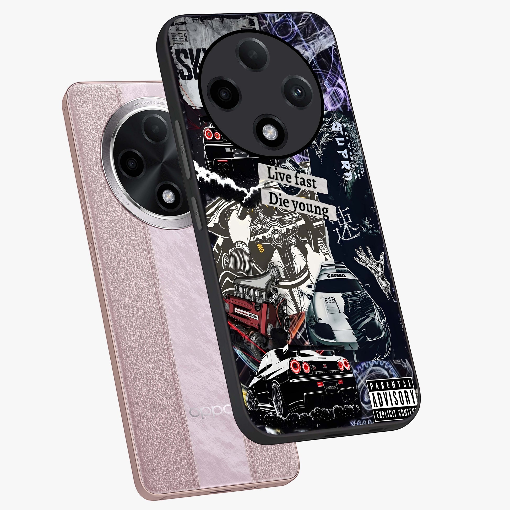 Die Young Glass Case displayed in angled mockup highlighting expressive graphic artwork with edgy aesthetic style.