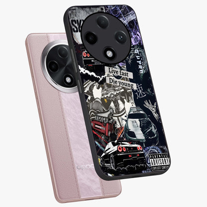Die Young Glass Case displayed in angled mockup highlighting expressive graphic artwork with edgy aesthetic style.