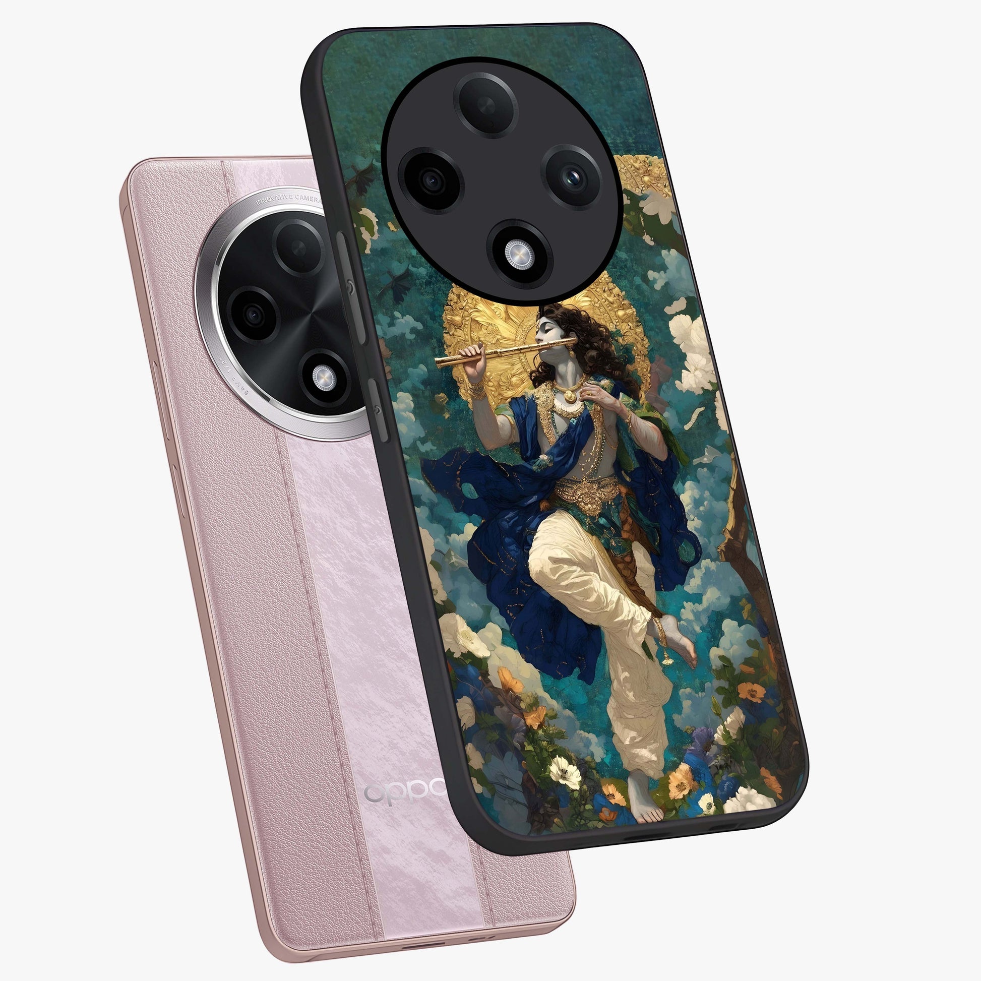 Divine Krishna Art Glass Case displayed in angled mockup highlighting spiritual Krishna illustration with devotional aesthetic.