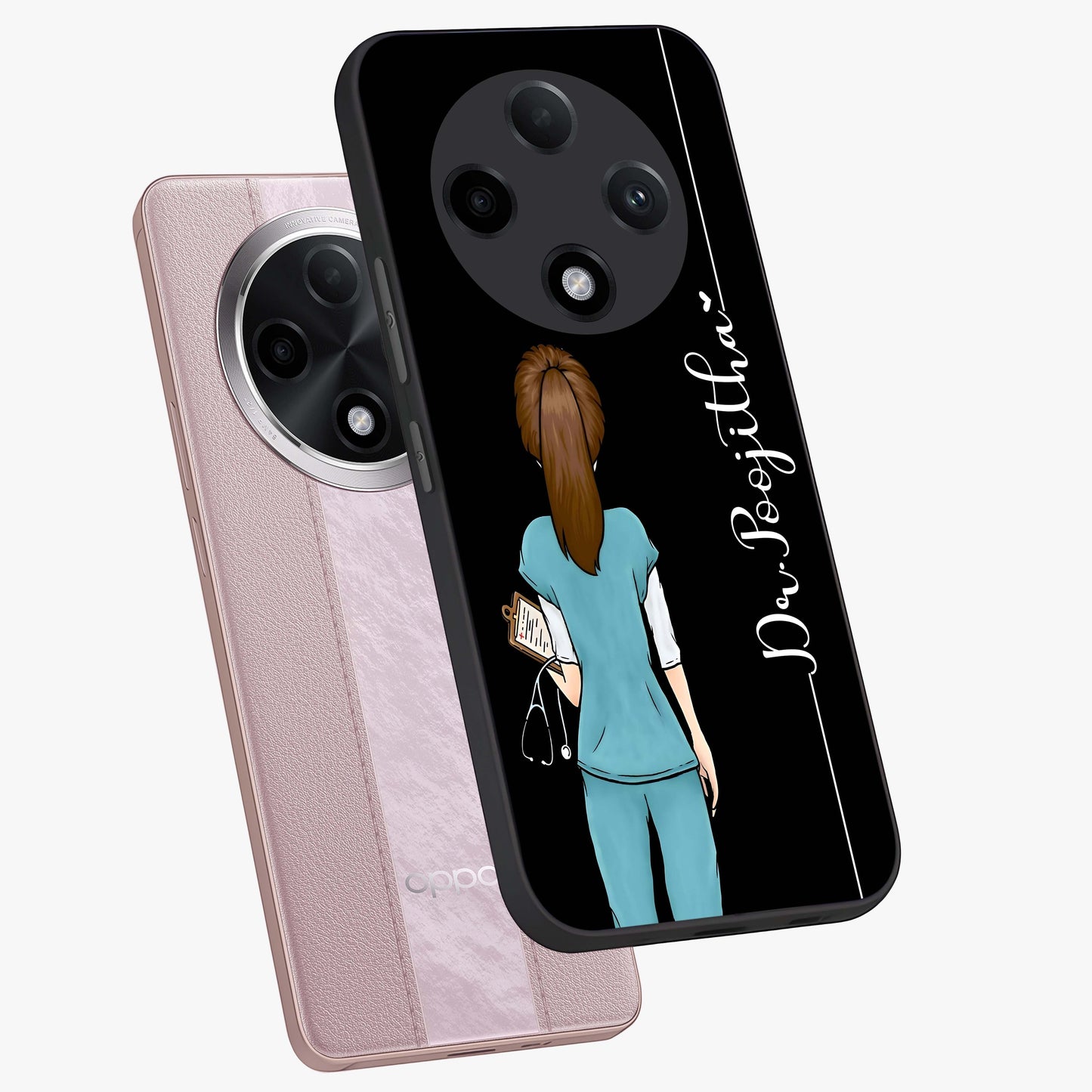 Doctor Pattern Custom Name Glass Case displayed in angled mockup highlighting doctor inspired artwork with custom name feature.