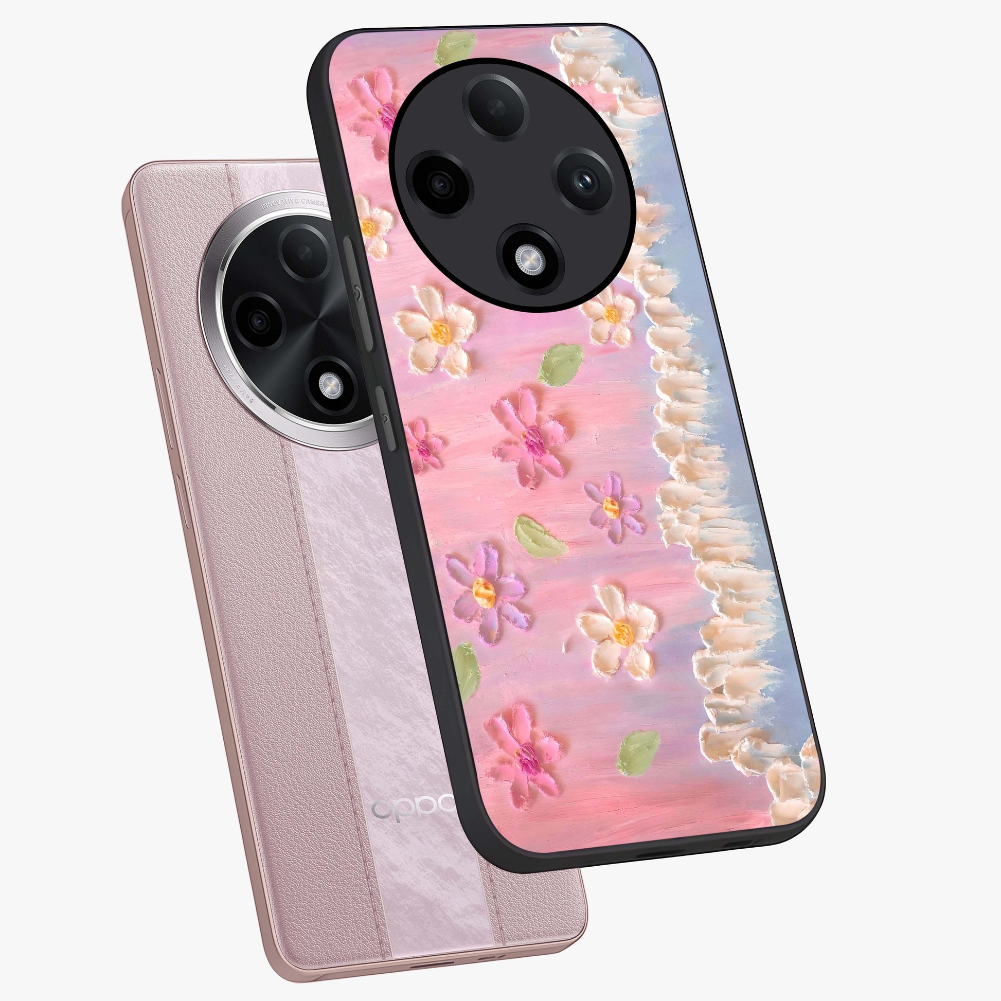 Dreamy Painted Garden Glass Case displayed in angled mockup highlighting colorful garden illustration with dreamy aesthetic style.