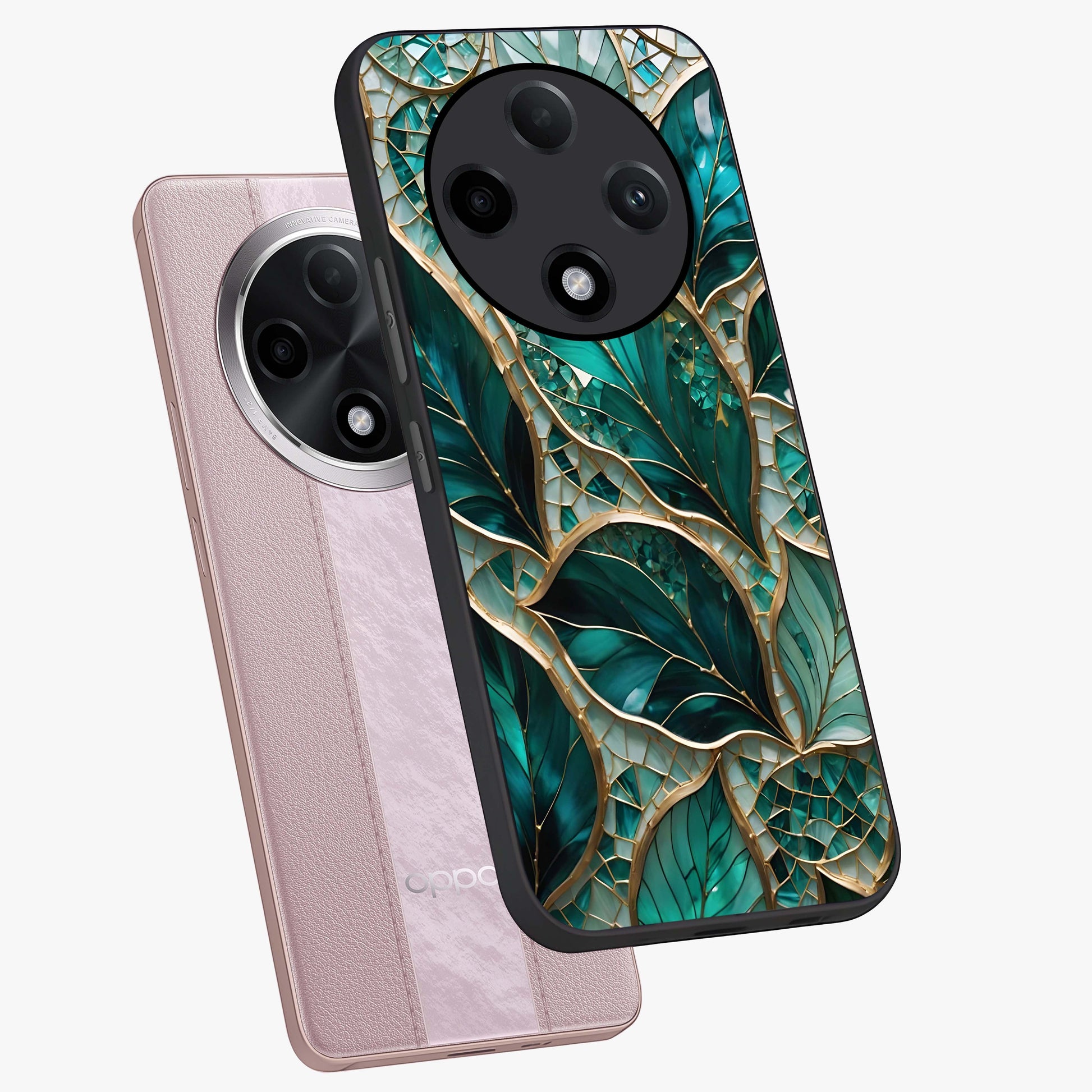 Emerald Leaf Glass Glass Case displayed in angled mockup highlighting botanical leaf illustration with elegant natural aesthetic.