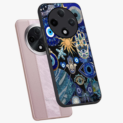 Evil Eye Charm Mix Glass Case displayed in angled mockup highlighting protective evil eye symbols with spiritual aesthetic design.