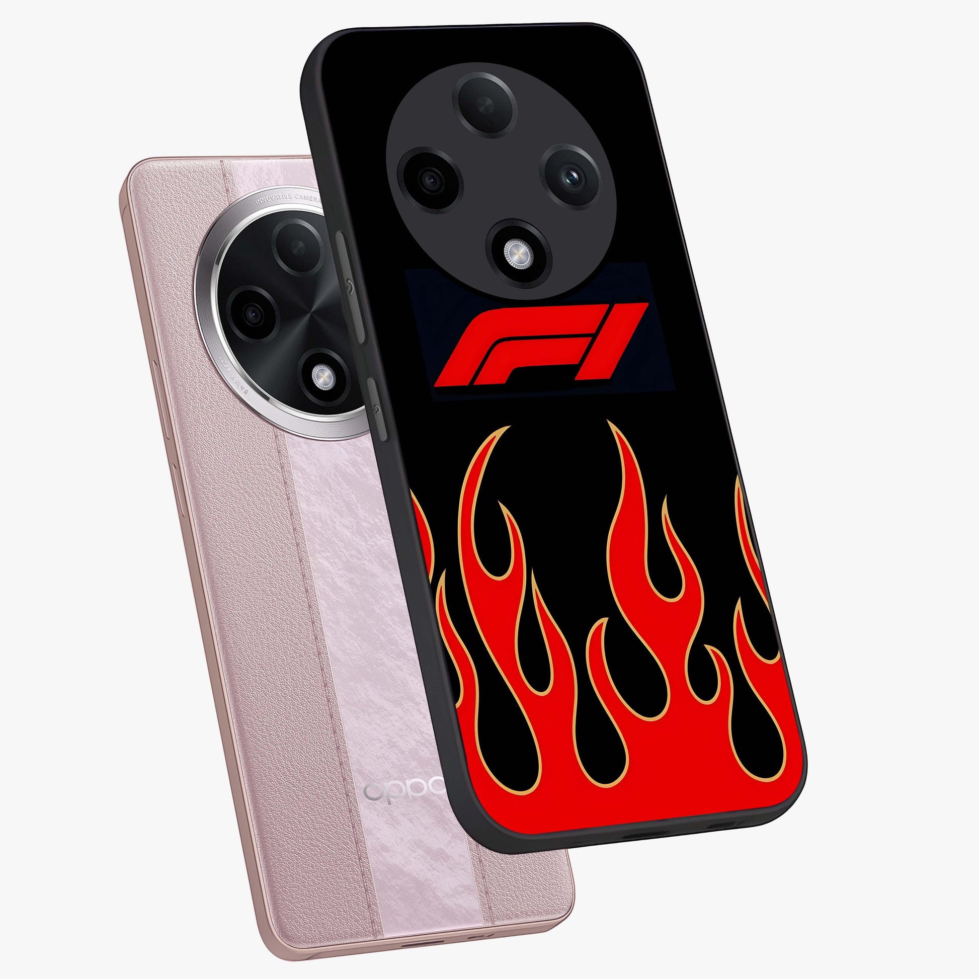 Fire F11 Glass Case displayed in angled mockup highlighting bold fire inspired graphic with energetic aesthetic style.