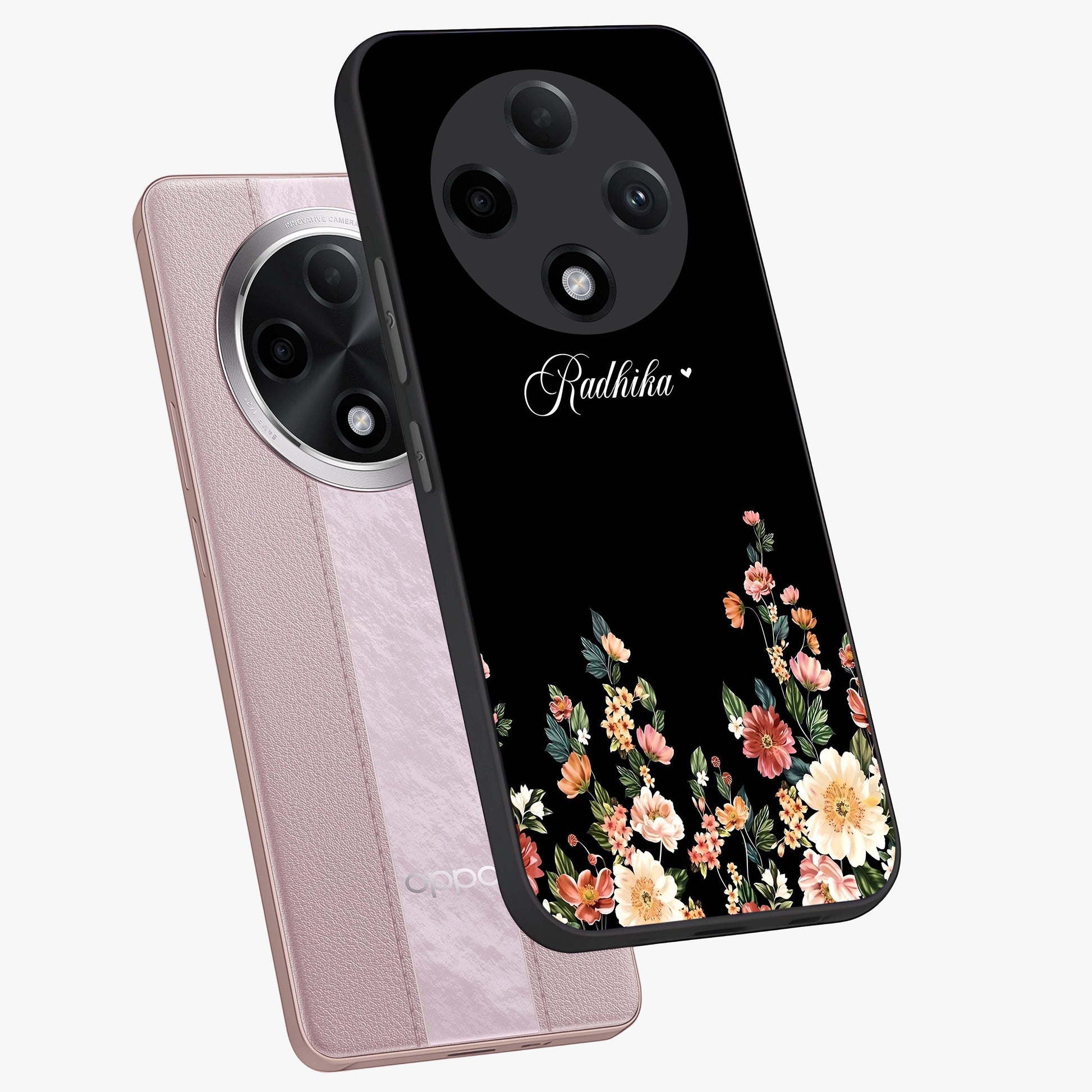 Floral Design With a Custom Personalized Name Glass Case displayed in angled mockup highlighting elegant floral pattern with custom name feature.