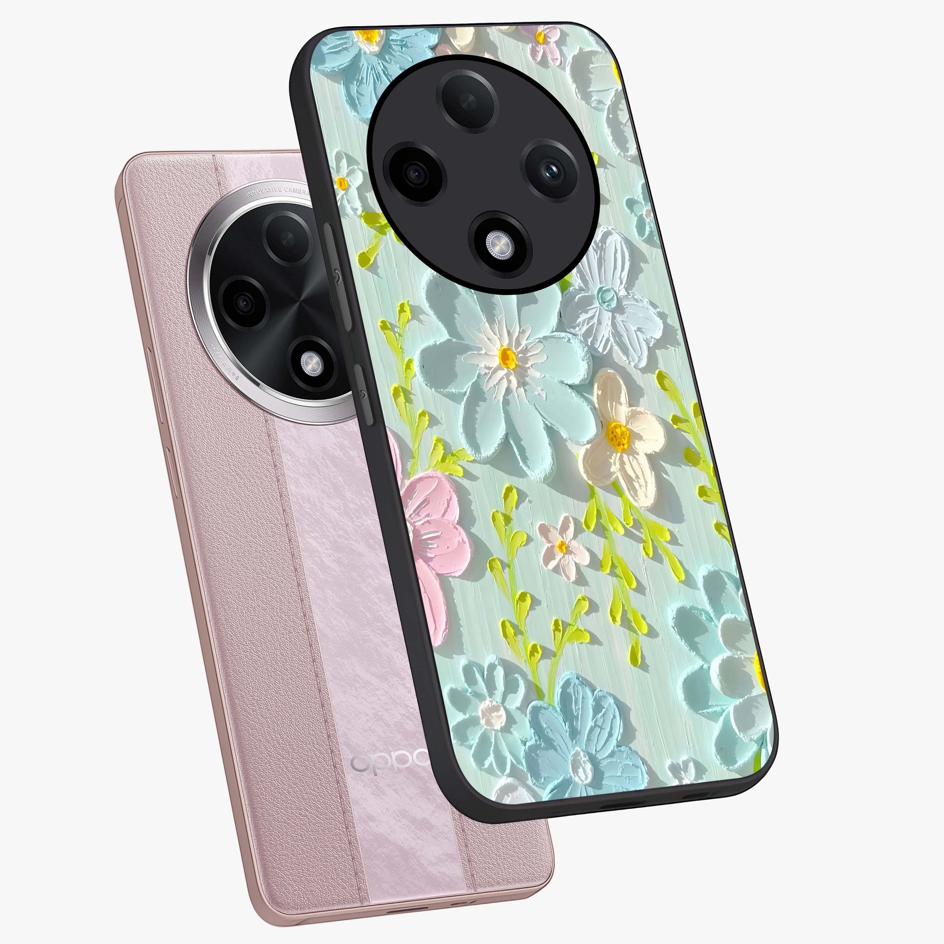 Frosted Petal Garden Glass Case displayed in angled mockup highlighting delicate flower petal design with calm garden aesthetic.