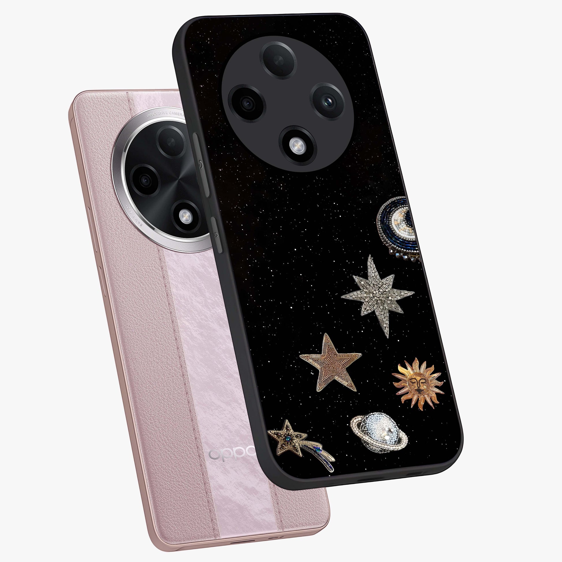 Galactic Charm Glow Glass Case displayed in angled mockup highlighting luminous galaxy inspired design with dreamy aesthetic.
