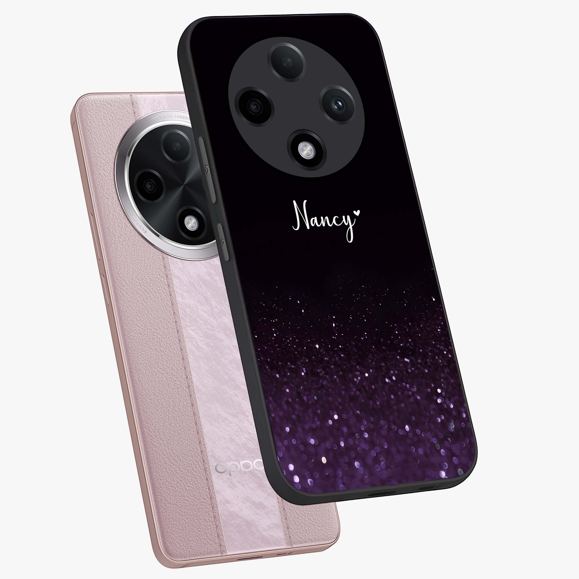 Glittery Purple Bokeh Custom Name Glass Case displayed in angled mockup highlighting glitter bokeh pattern with custom name feature.